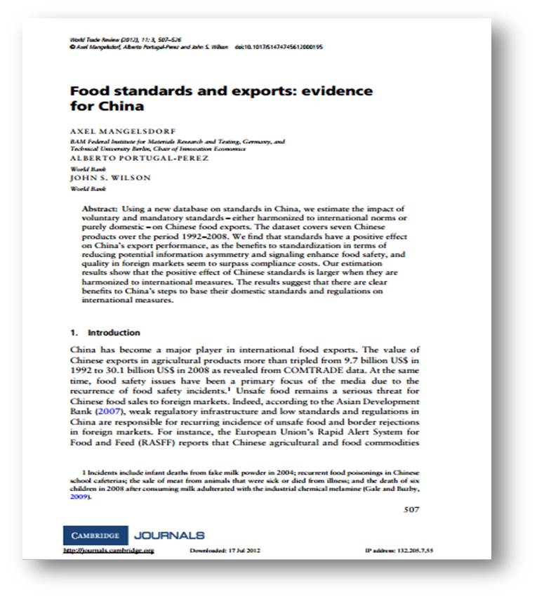 Food standards and exports: evidence for China