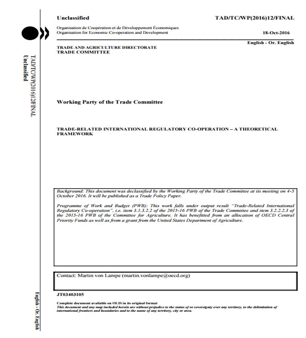 Trade-related International Regulatory Cooperation – A theoretical framework (OECD, 2016)